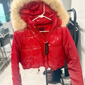 PrettyLittleThing Red Faux-Fur Hooded Puffer Jacket